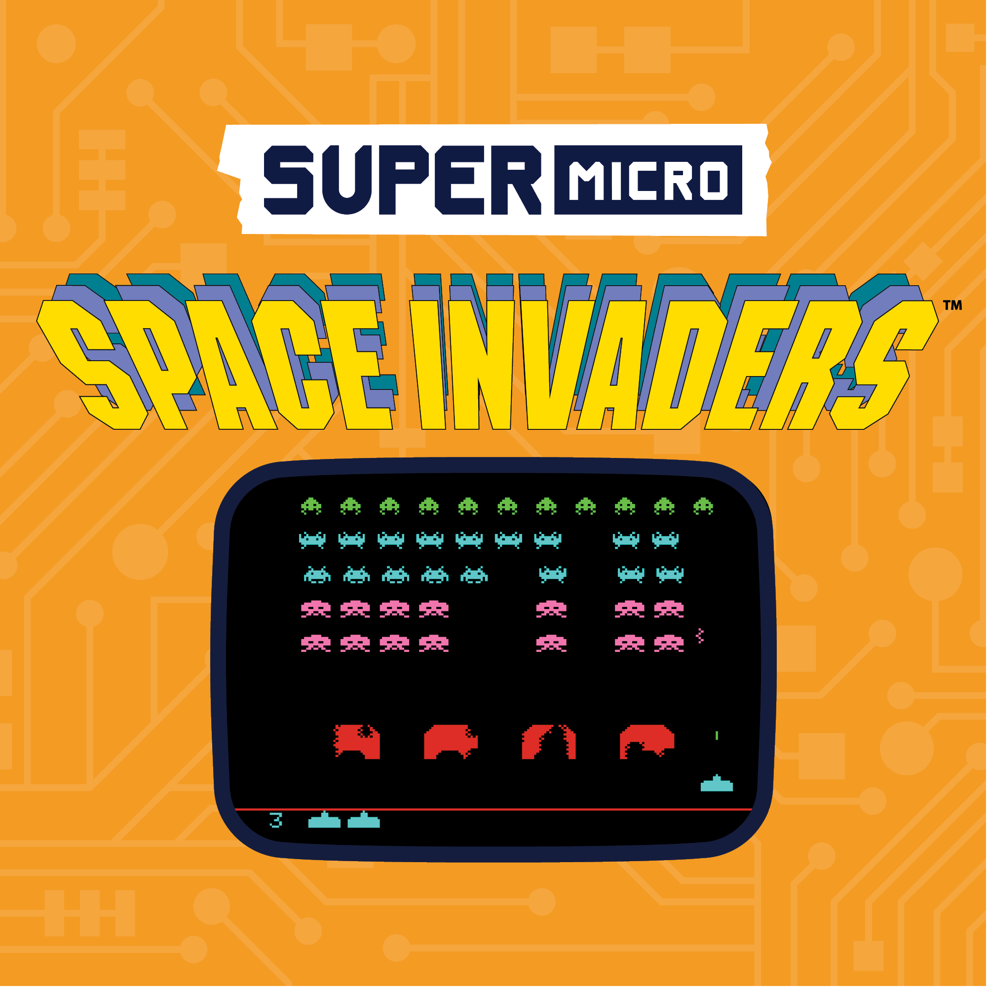 Super Micro Space Invaders Spiel. Oranger Hintergrund. Gelbe, blaue, rosa Alien-Invasoren auf dem Bildschirm. Retro-Arcade-Spieldesign.