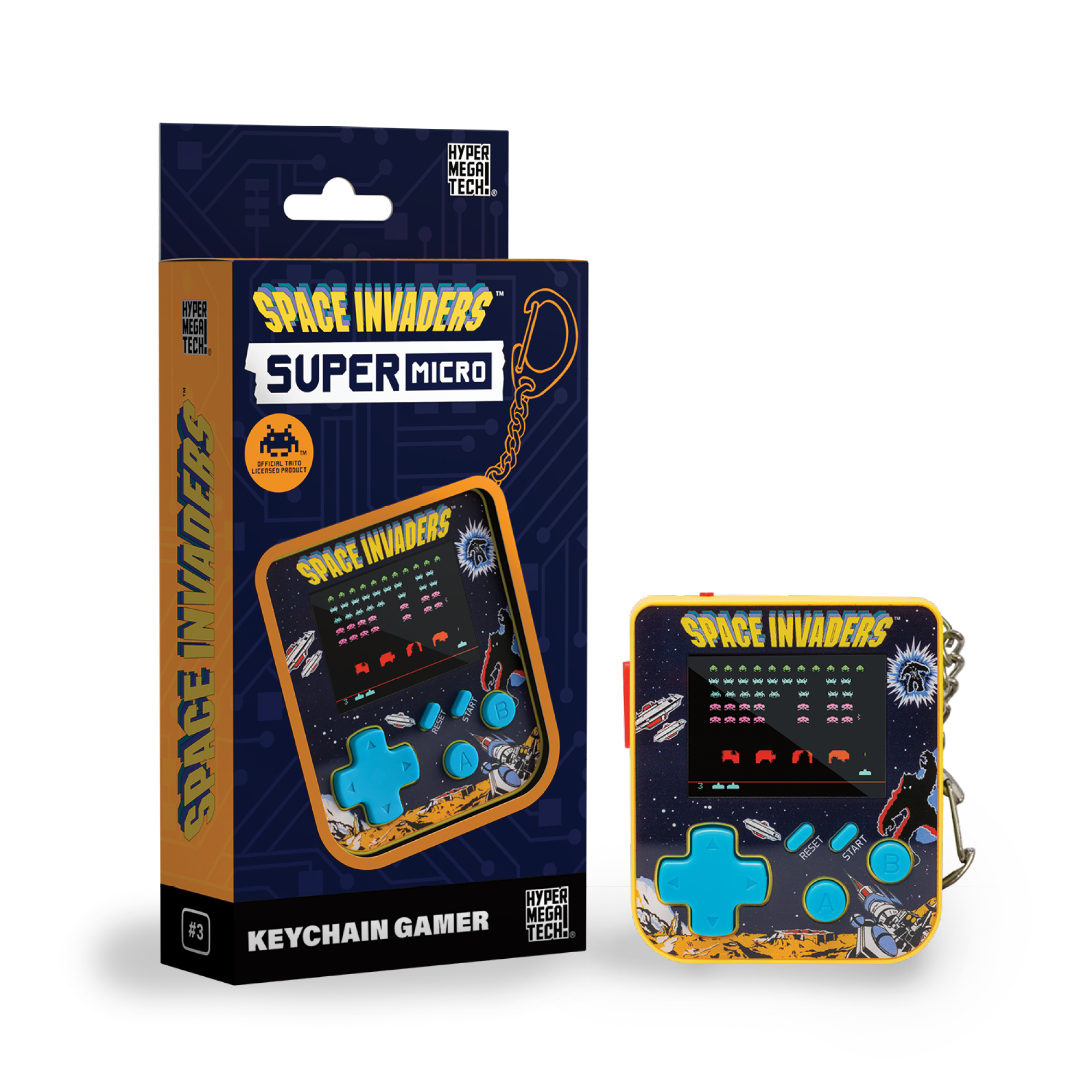 Ein Space Invaders Schlüsselanhänger-Gamer. Er ist gelb und blau, mit einer passenden Schachtel mit dem Logo und den Figuren des Spiels.