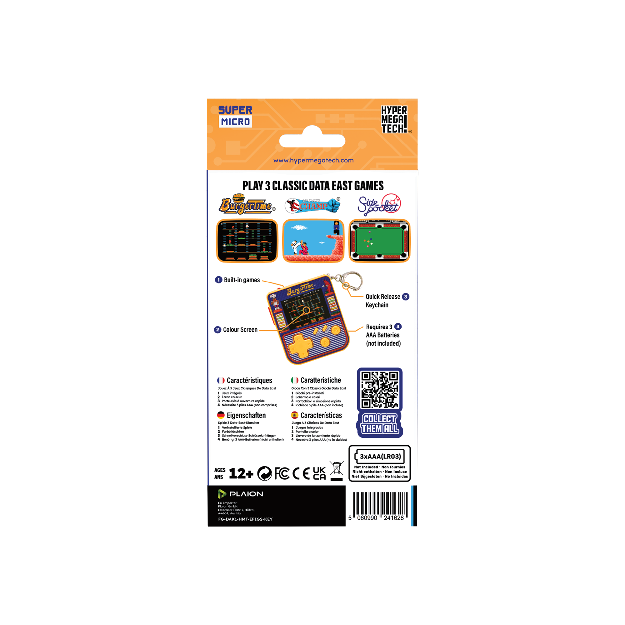 Eine Spielekonsolenverpackung. Sie enthält Spieletitel, einen Schlüsselanhänger und einen Farbbildschirm. Benötigt 3 AAA-Batterien.