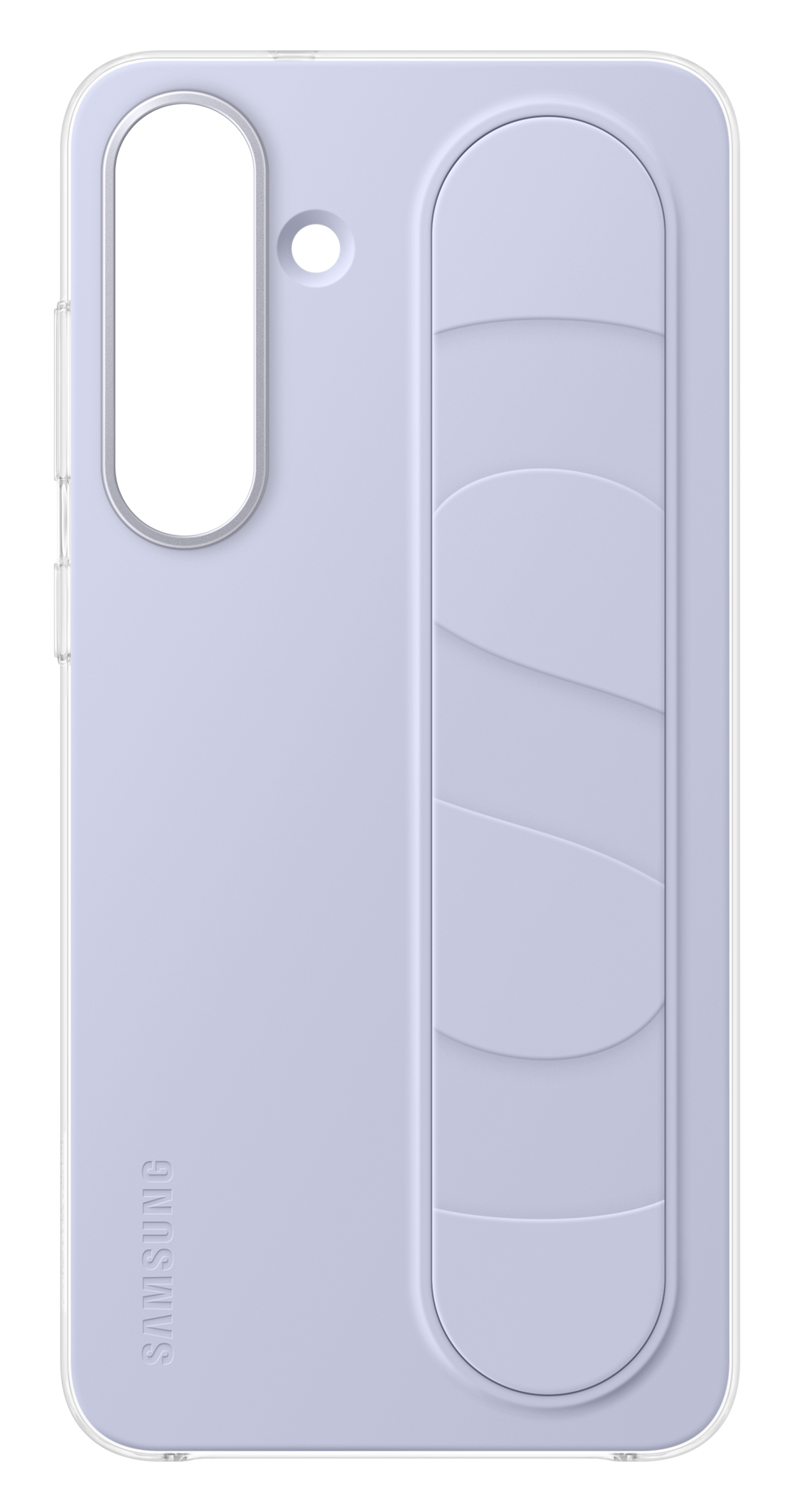 Jasnofioletowe etui na telefon Samsung. Posiada wycięcie na aparat, podniesiony uchwyt i logo Samsung. Tło jest czarne.