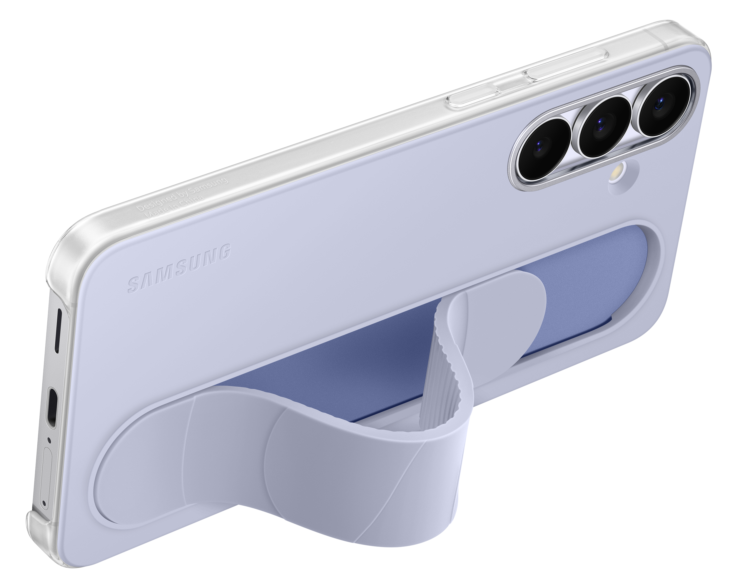 Jasnofioletowe etui na telefon ze stojakiem i trzema obiektywami aparatu. Widoczne logo Samsung.