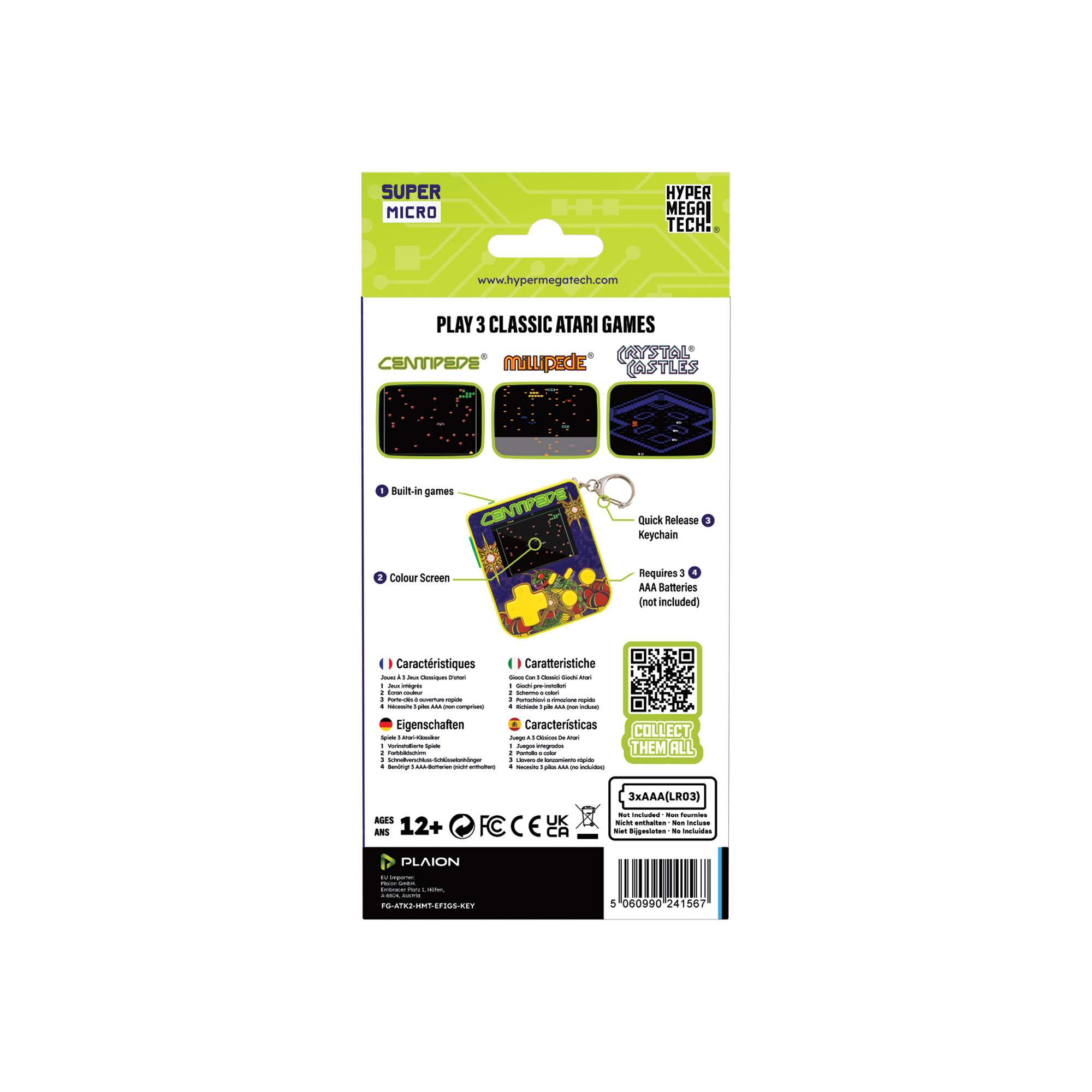 Spielbox mit Atari-Spielen. Enthält ein Schlüsselanhänger-Spiel mit Farbbildschirm, benötigt AAA-Batterien.