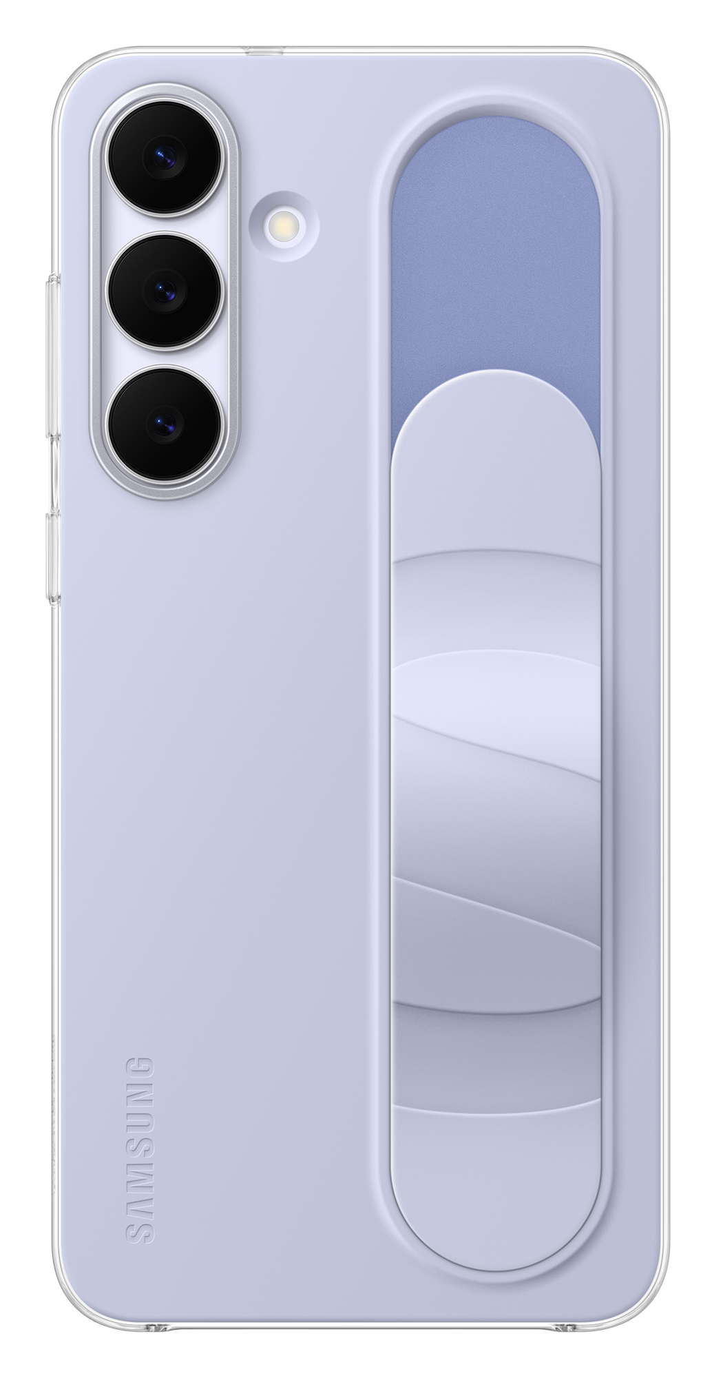 Jasnofioletowe etui na telefon Samsung z zestawem aparatów i uchwytem. Uchwyt ma warstwowe sekcje o różnych odcieniach fioletu.