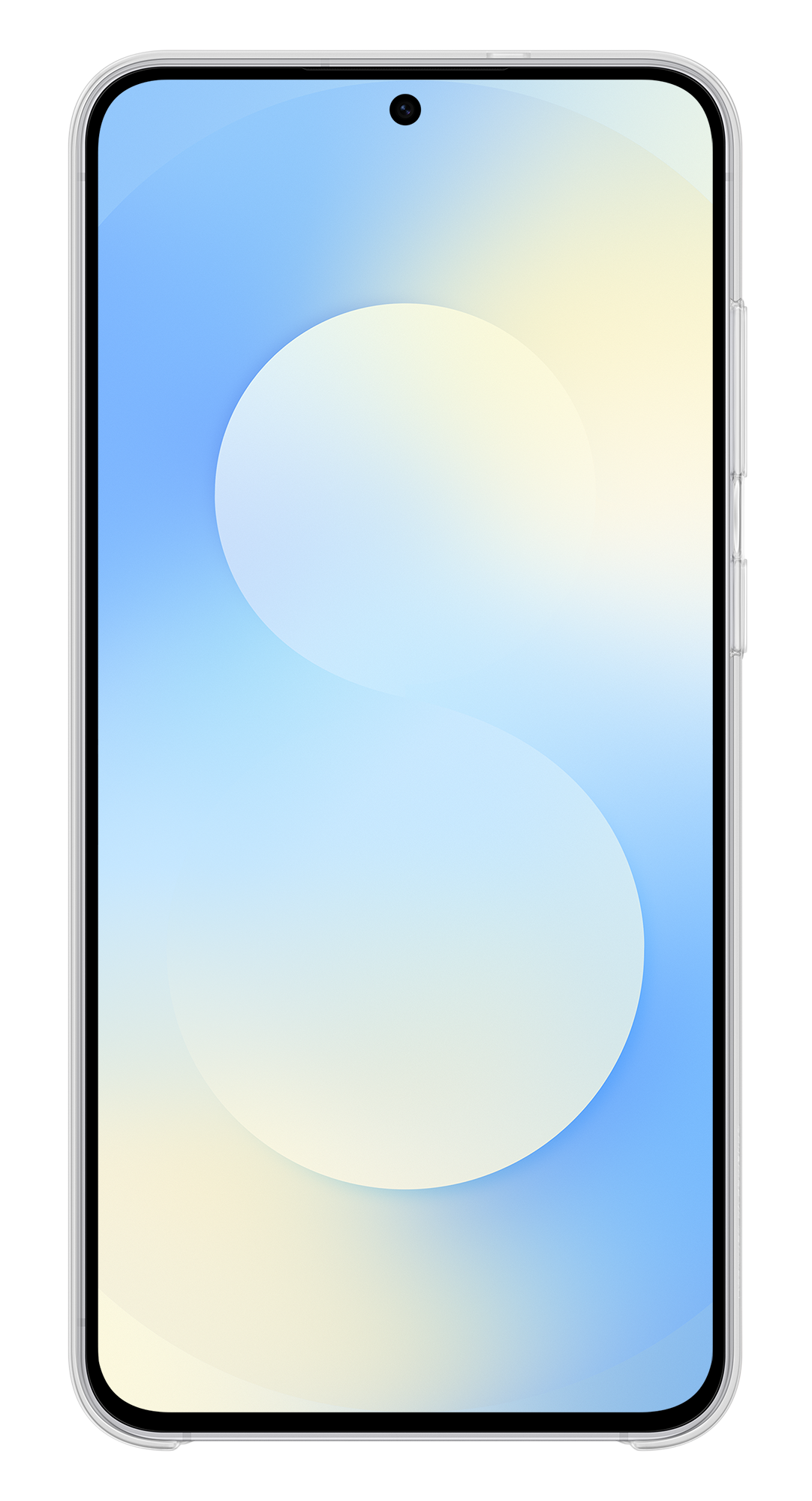 Smartfon z przezroczystym etui, pokazujący niebiesko-żółte gradientowe tło. Ekran ma okrągły element.