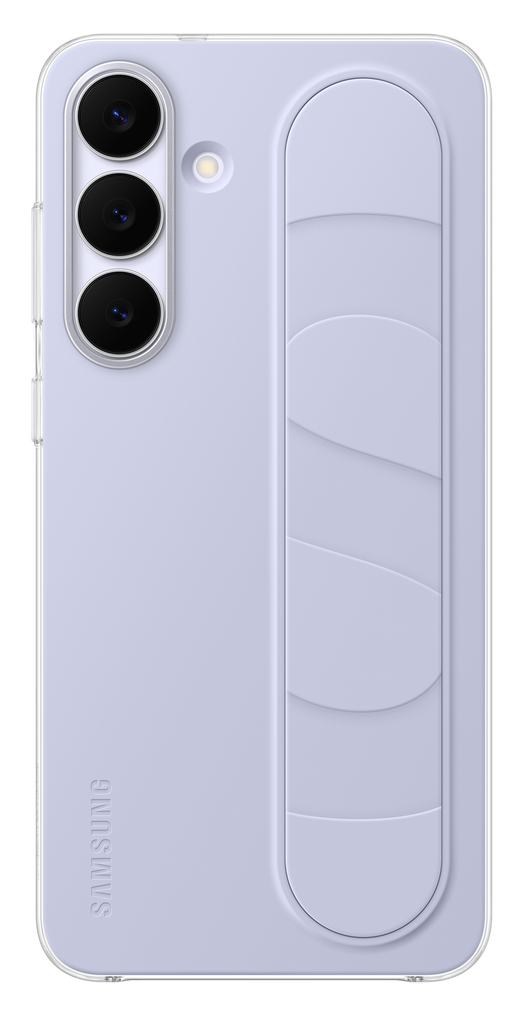 Jasnofioletowy telefon Samsung z trzema aparatami i stojakiem. Telefon jest na czarnym tle.