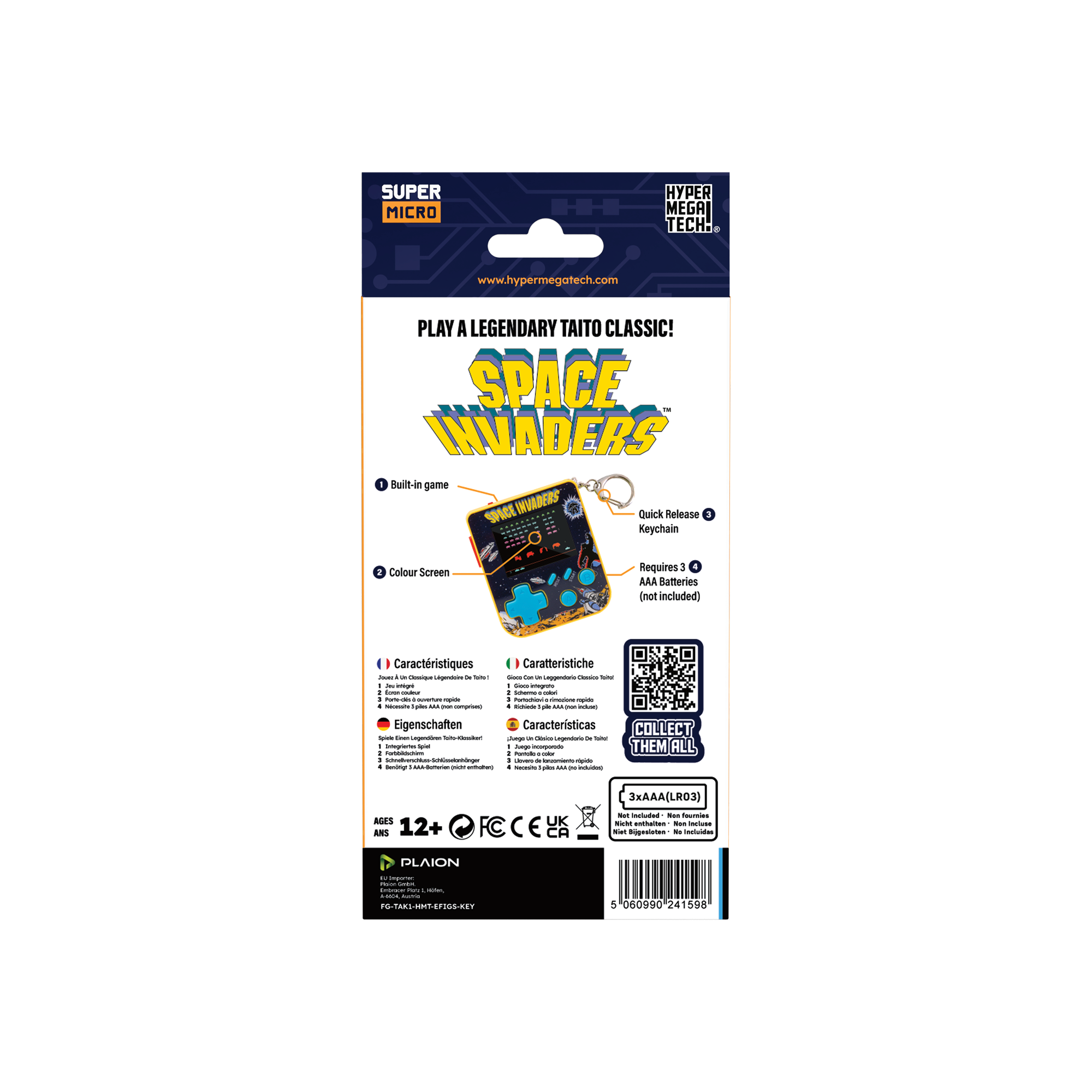 Produktverpackung mit Space Invaders Handheld-Spiel. Text und Logos sind sichtbar, einschließlich des Spielnamens und der Funktionen.