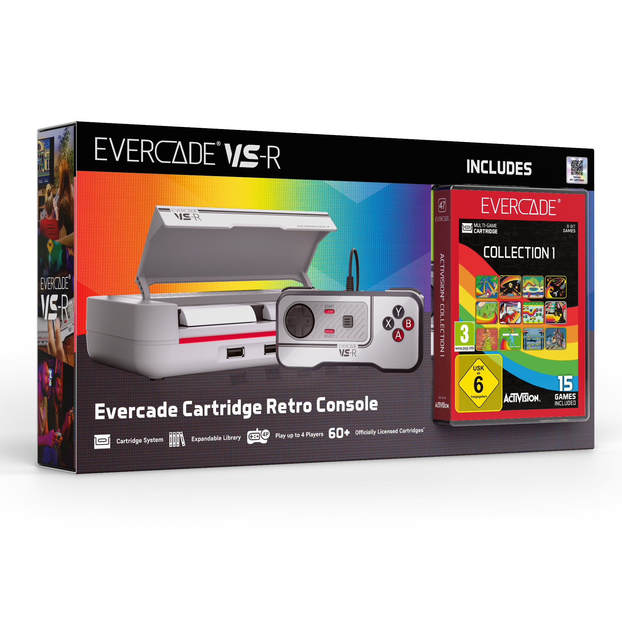 Evercade VS-R Konsolenbox. Enthält Konsole, Controller und Spielkartusche. Enthält Konsole, Controller und Spielkartusche.
