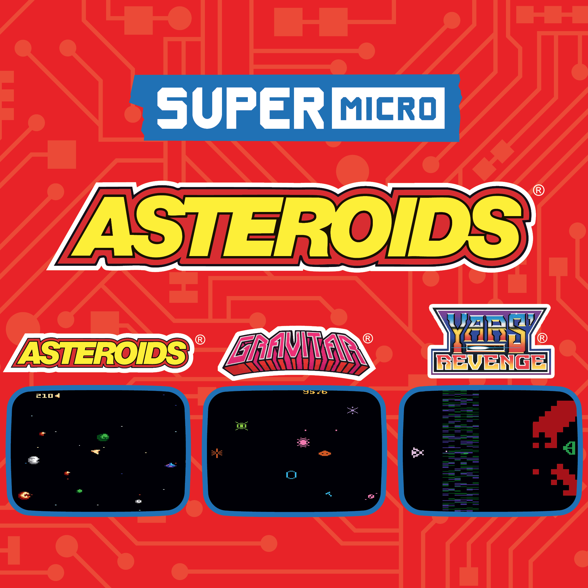 Retro-Spielkonsolentitel: Asteroids, Gravitar und Yars' Revenge. Der Hintergrund ist rot mit einem Leiterplattendesign.