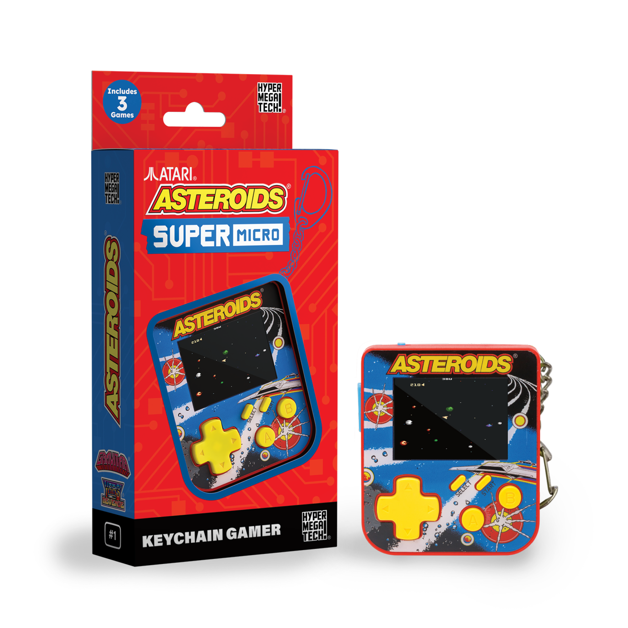 Ein Atari Asteroids Schlüsselanhänger-Gamer und seine Schachtel. Die Schachtel ist rot und blau. Die Konsole hat einen Bildschirm und gelbe Knöpfe.