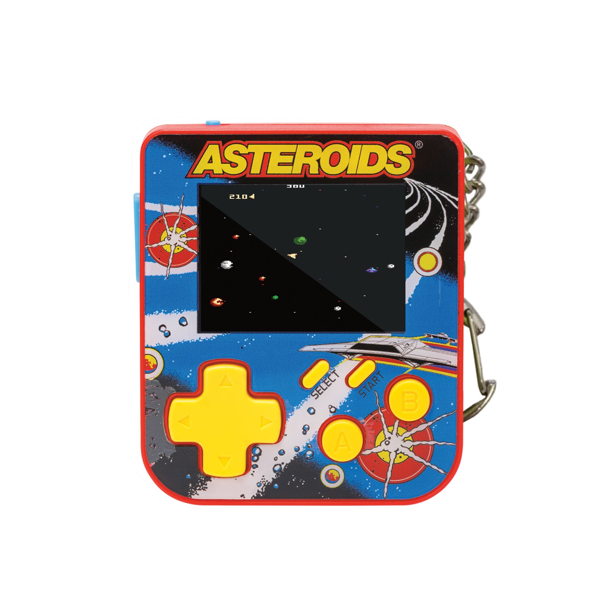 Ein Retro-Handheld-Spiel, Asteroids, mit einem Bildschirm, der das Gameplay anzeigt. Gelbe Bedienelemente, roter Rahmen. Blaues und schwarzes Hintergrunddesign.