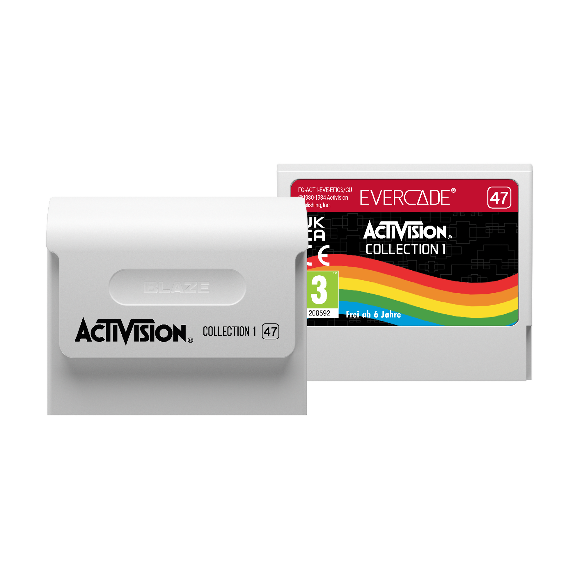Zwei weiße Spielkassetten. Eine zeigt das Activision-Logo und Collection 1. Die andere sagt Evercade, Collection 1 und hat einen Regenbogen.
