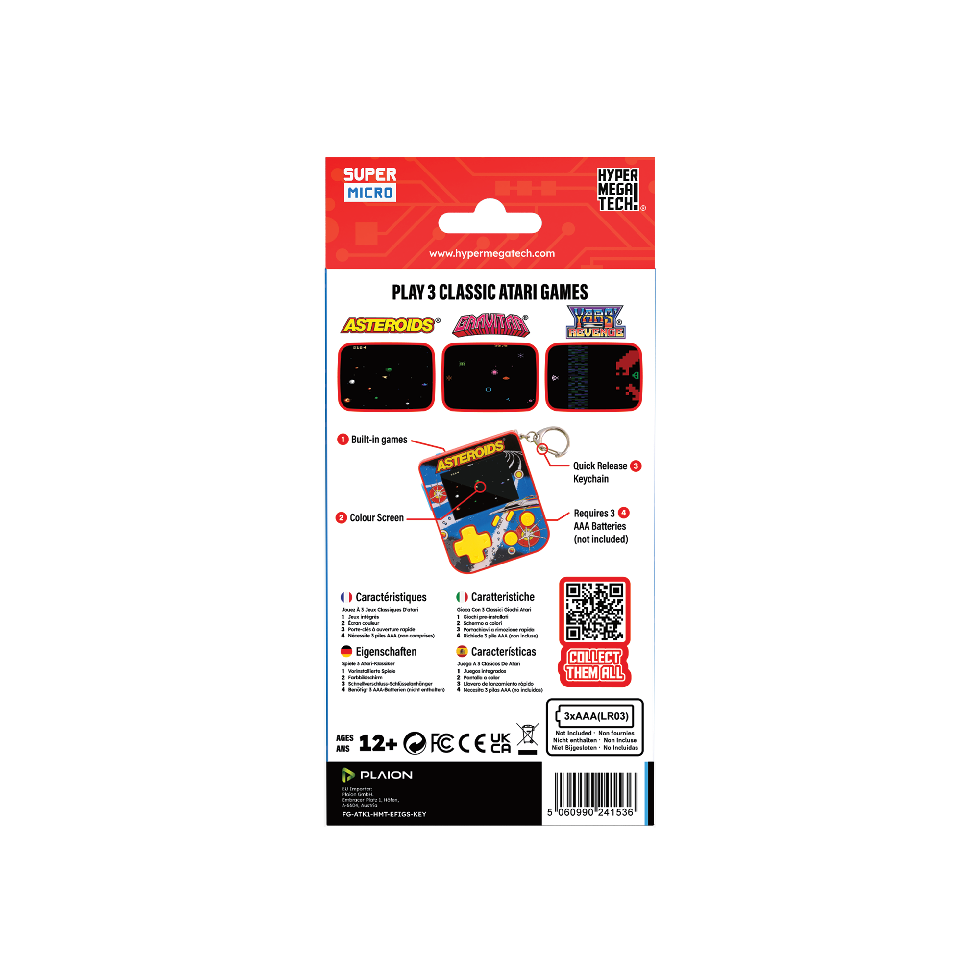 Spielpackung mit Atari-Spielen, einem Schlüsselanhänger-Konsolen-Spiel und Spieltiteln sind zu sehen.
