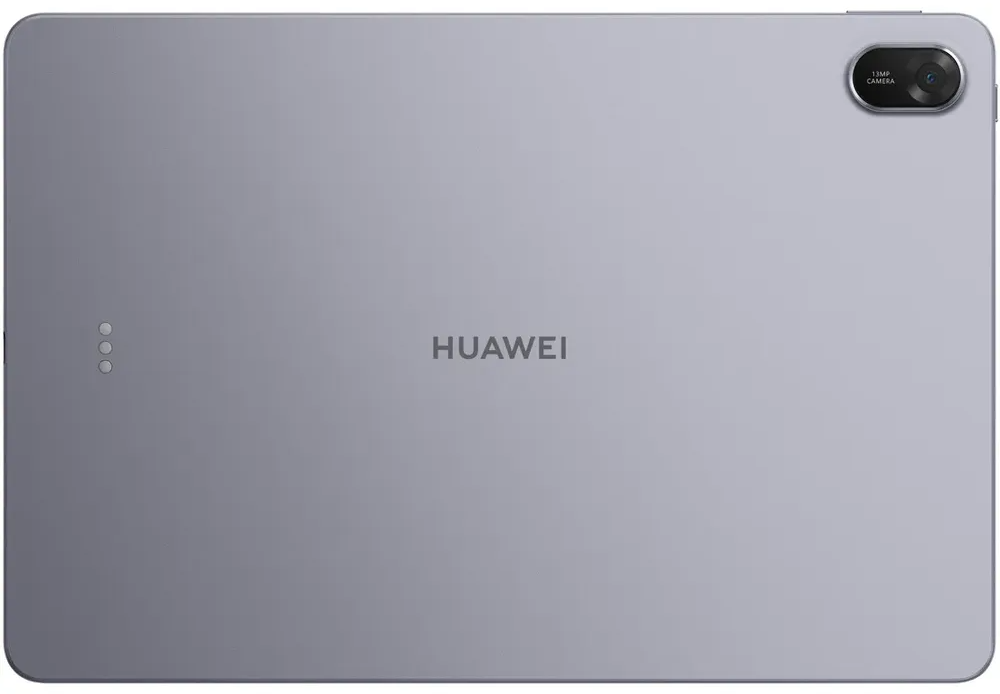 Egy ezüst tablet hátulja Huawei logóval, kamerával és három kis körrel. A kamera '13MP CAMERA' felirattal.