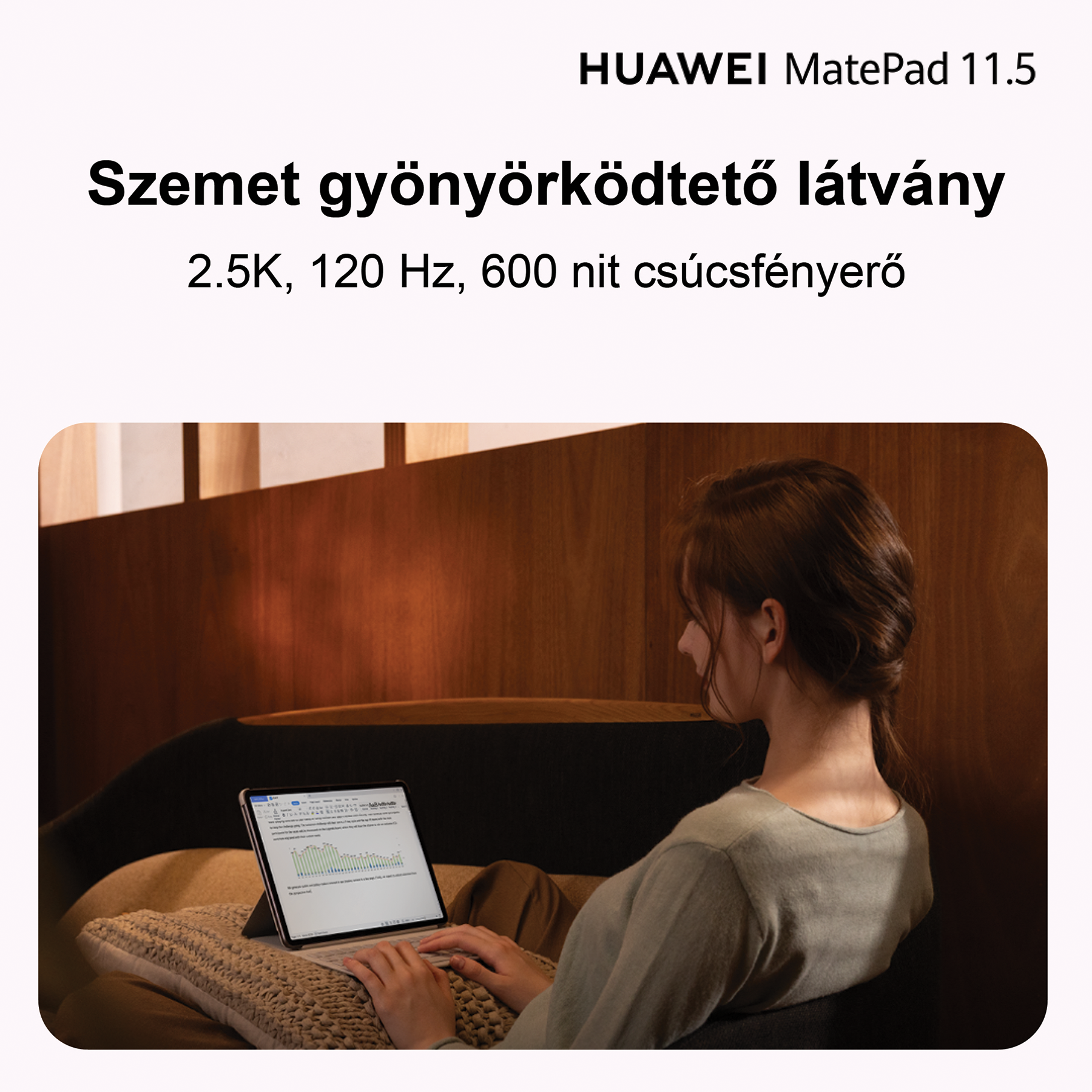Egy nő egy táblagépet használ a kanapén. A táblagép egy táblázatot mutat. A háttér egy fa fal.