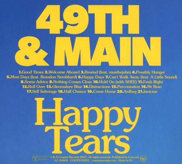 Albumcover. Gelber Text: 49TH & MAIN, Happy Tears. Blauer Hintergrund. Songtitel sind unter dem Haupttext aufgeführt.