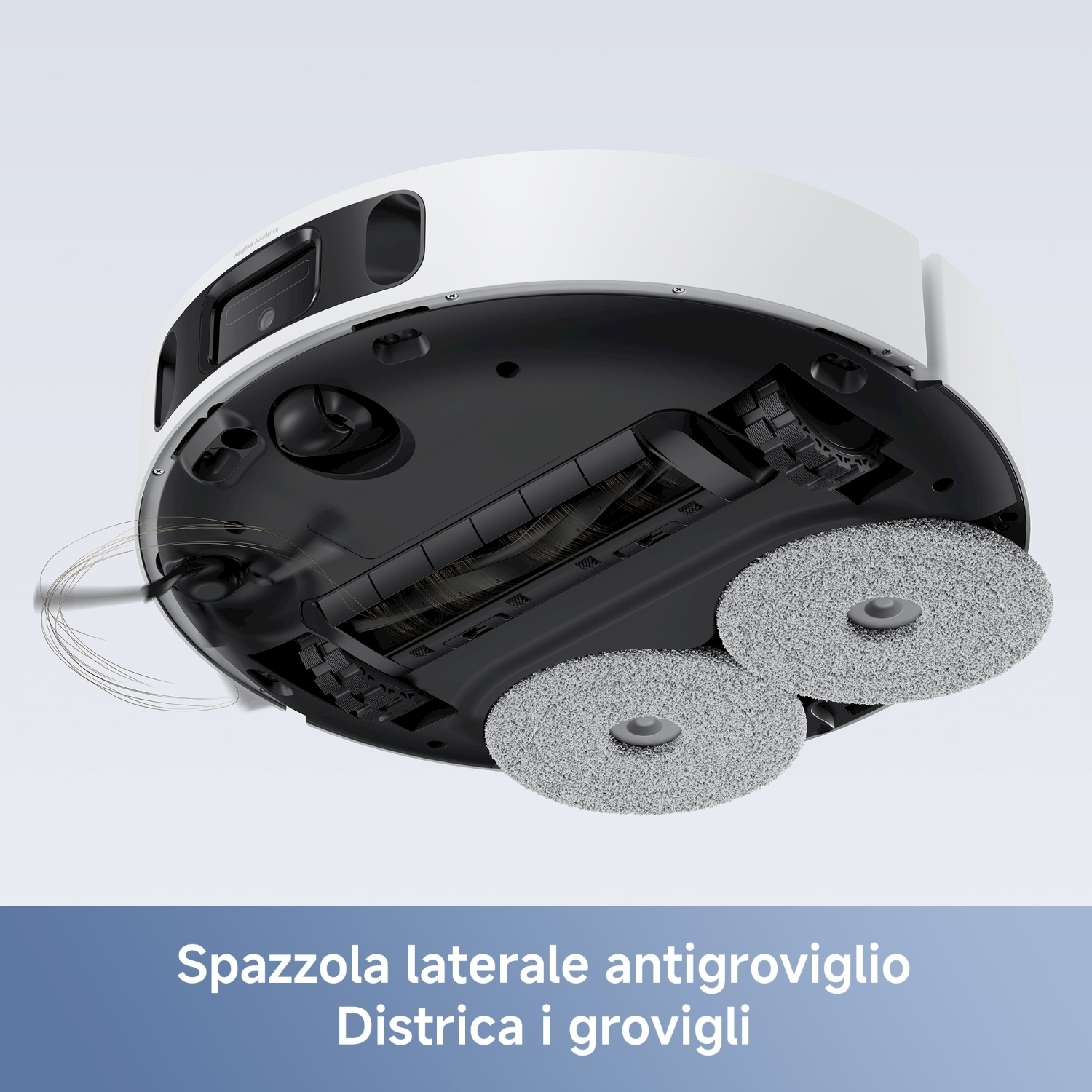 Un aspirapolvere robotico bianco e nero è mostrato dal basso. Sono visibili due panni di pulizia grigi e una spazzola laterale.