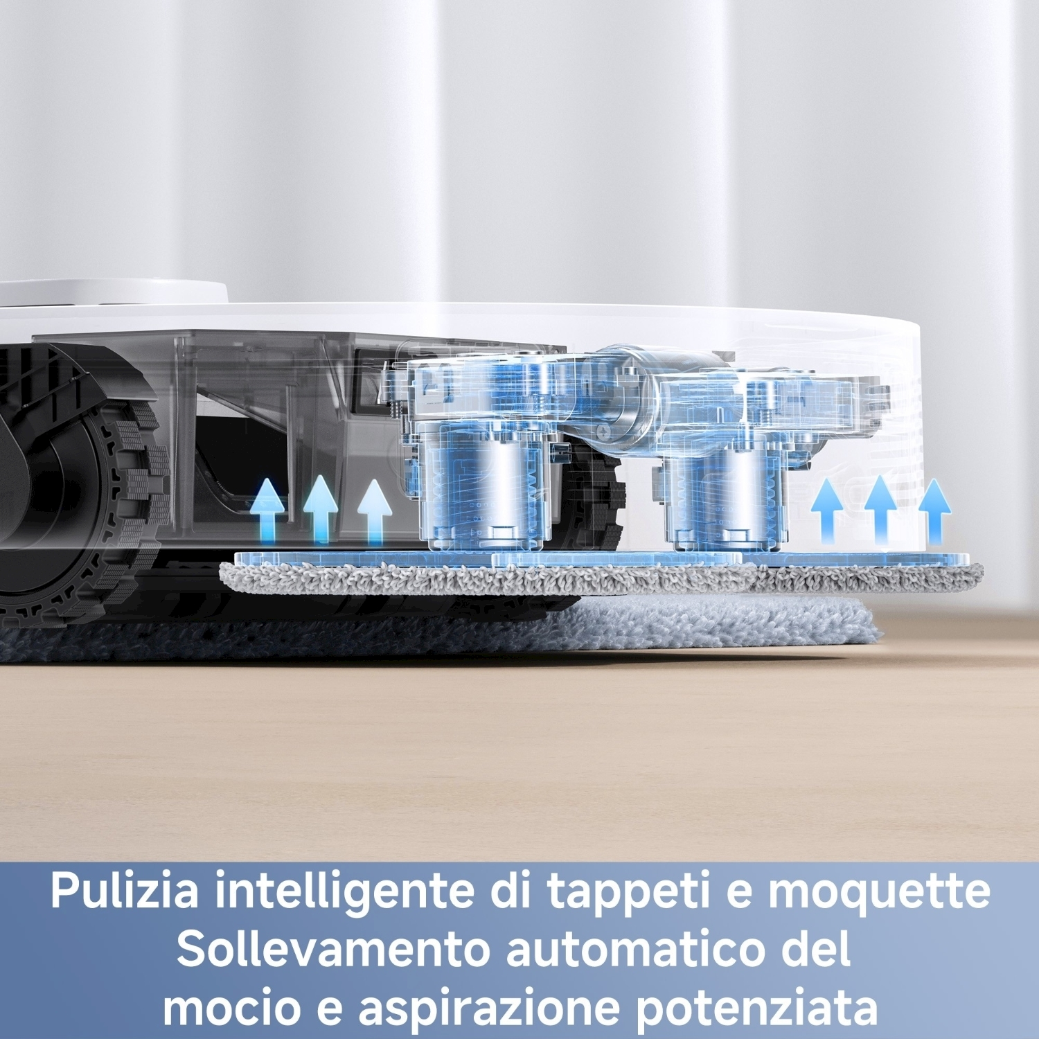 Aspirapolvere robot con parti trasparenti, frecce blu indicano il flusso d'aria, e testo in basso sulla pulizia intelligente.