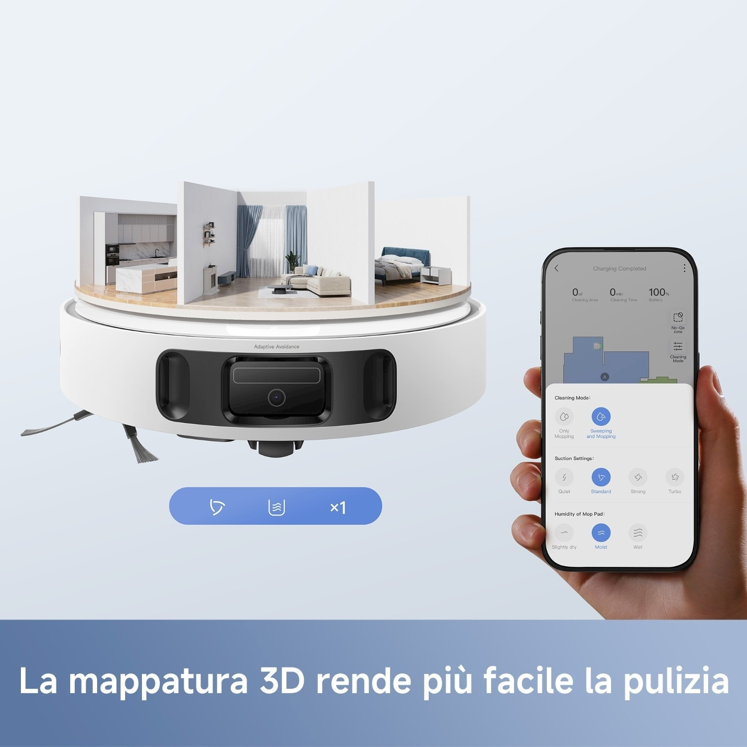 Un robot aspirapolvere con un modello di casa sopra. Un telefono mostra le impostazioni di pulizia. Testo italiano in basso.