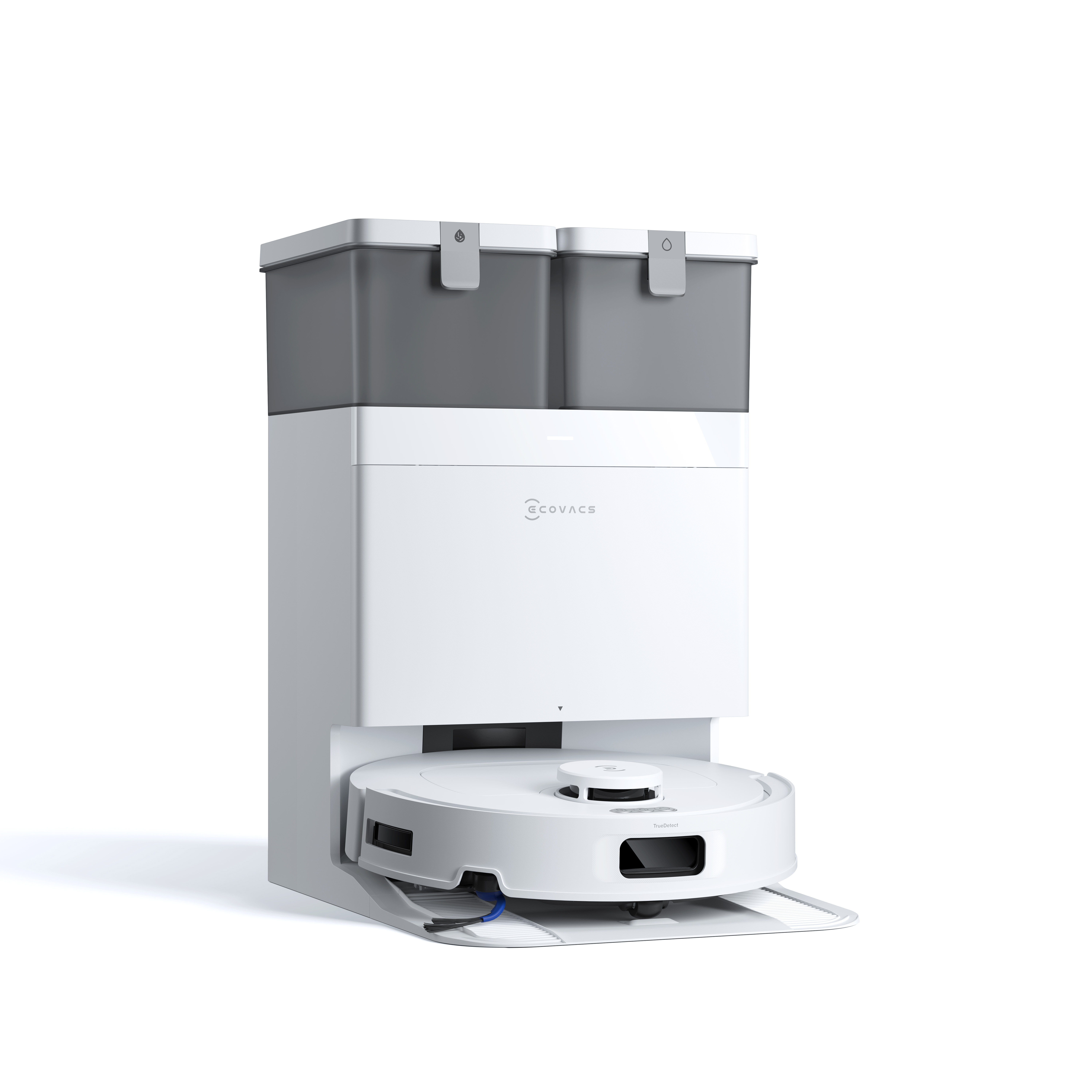 Beyaz ve gri bir robot süpürge ve şarj istasyonu, ECOVACS DEEBOT. Arka plan beyazdır.