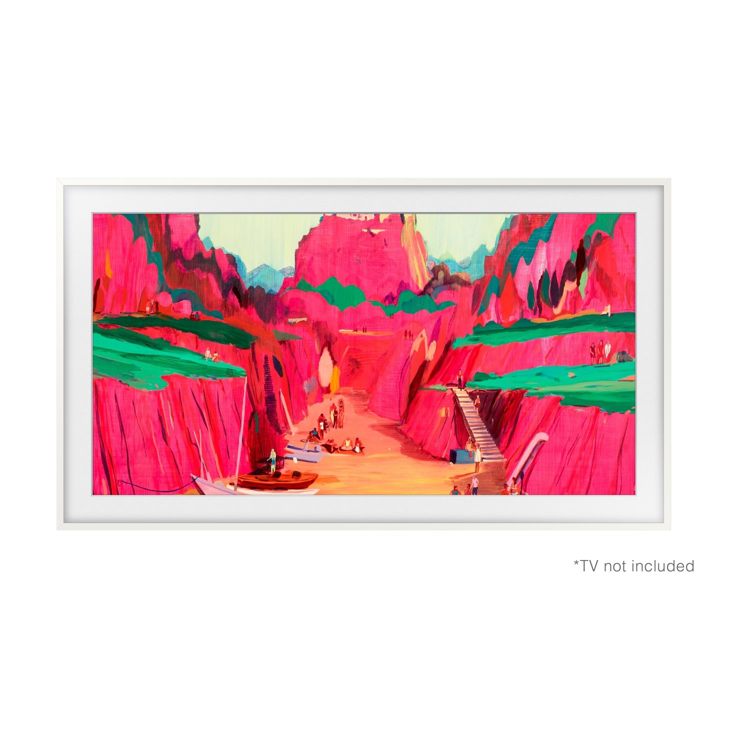 Un dipinto vibrante raffigura un canyon con scogliere rosa, vegetazione verde e figure vicino a barche. È visibile una scala di legno.