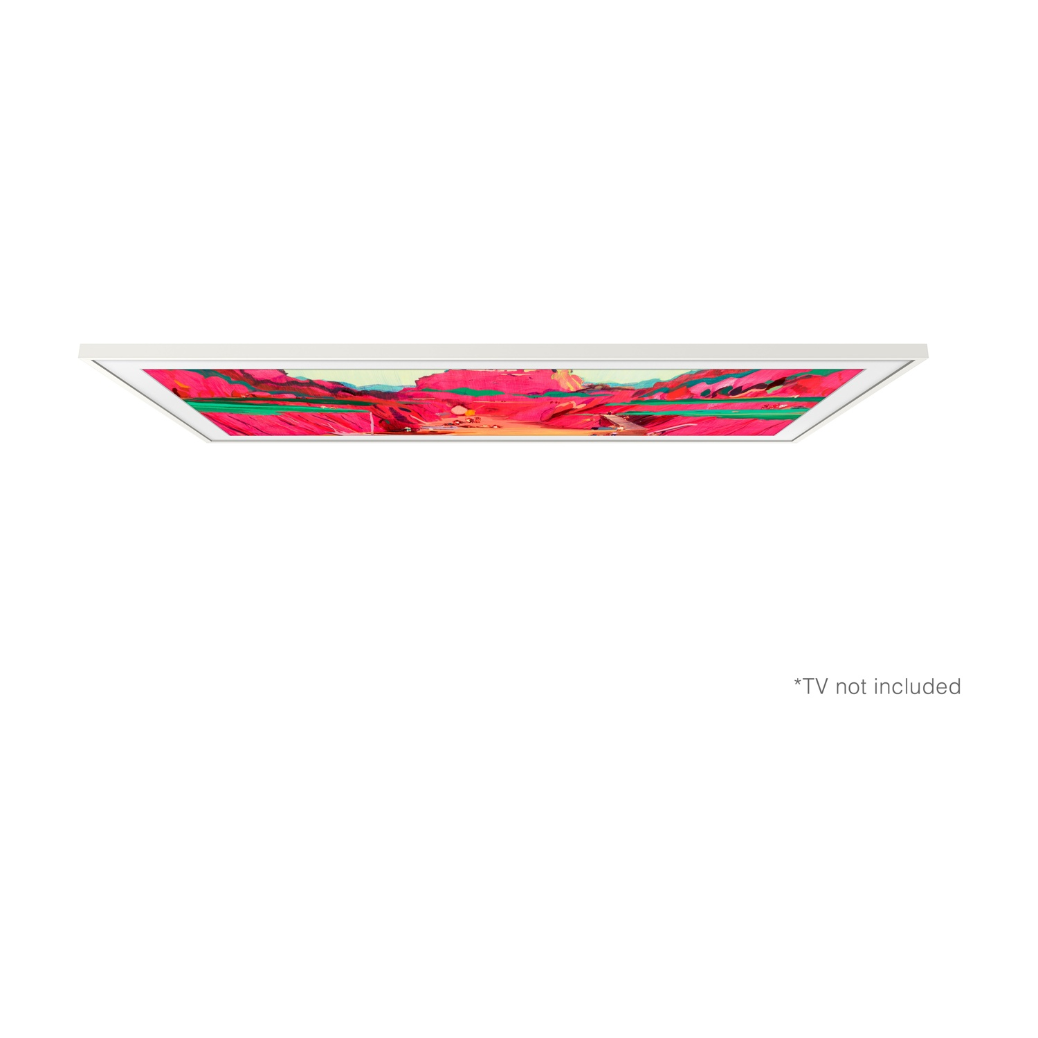Un display rettangolare con cornice bianca che mostra un dipinto astratto con colori rossi, arancioni e verdi, su sfondo bianco.