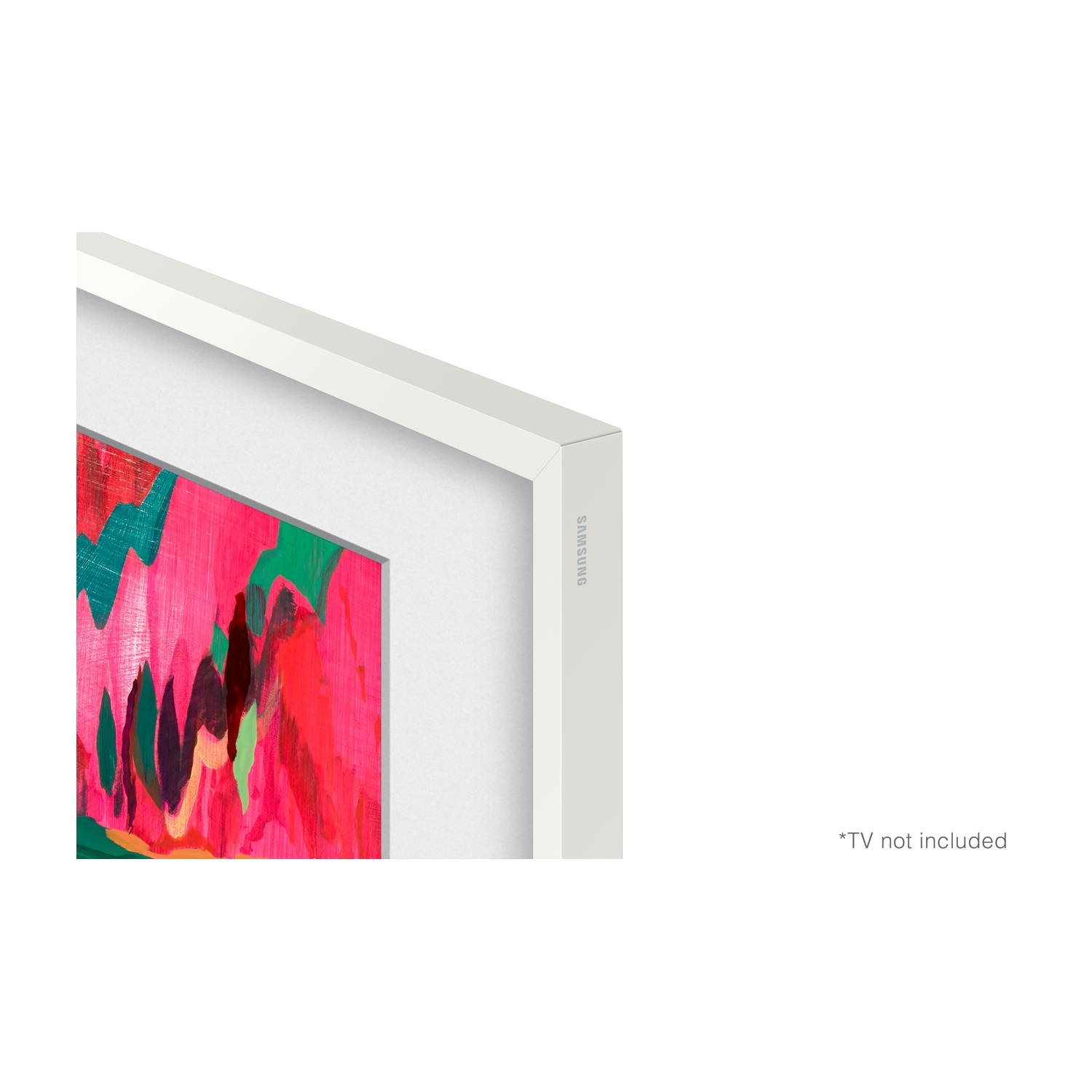 Un'opera d'arte con cornice bianca con arte astratta vibrante in rosa, rosso e verde. Il logo Samsung è visibile. Testo in basso: *TV non inclusa.