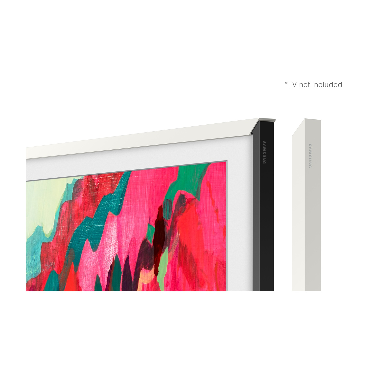 Una cornice TV con un dipinto astratto colorato. Un telaio bianco e nero è accanto alla TV. Il testo *TV non incluso* è presente.