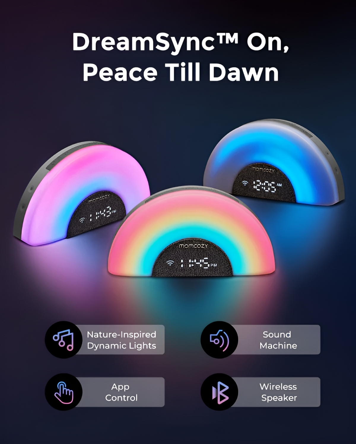 Drei Momcozy DreamSync-Leuchten mit Regenbogenfarben werden angezeigt. Zu den Funktionen gehören natürlich inspirierte Lichter, Soundmaschine, App-Steuerung und drahtloser Lautsprecher.
