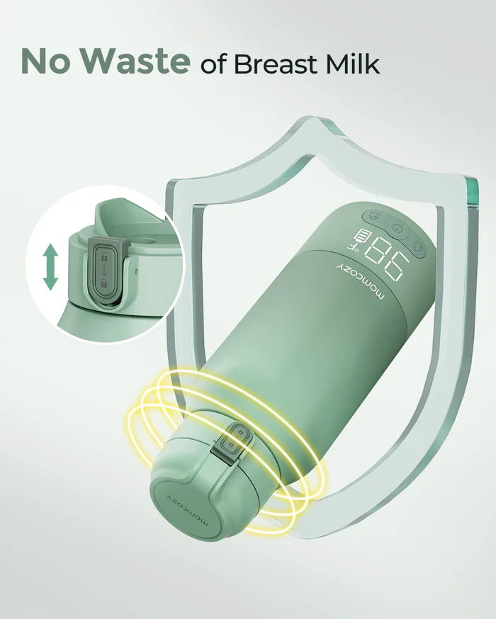 Eine türkisfarbene Flasche mit LCD-Bildschirm, der die Temperatur anzeigt. Die Flasche ist von einem Schild mit dem Text 'No Waste of Breast Milk' umgeben.