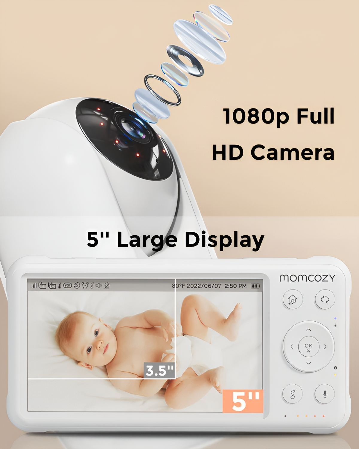 Ein Babyphone zeigt ein Baby auf dem Bildschirm. Der Monitor hat eine Kamera oben mit dem Text '1080p Full HD Camera' und '5" Large Display'.