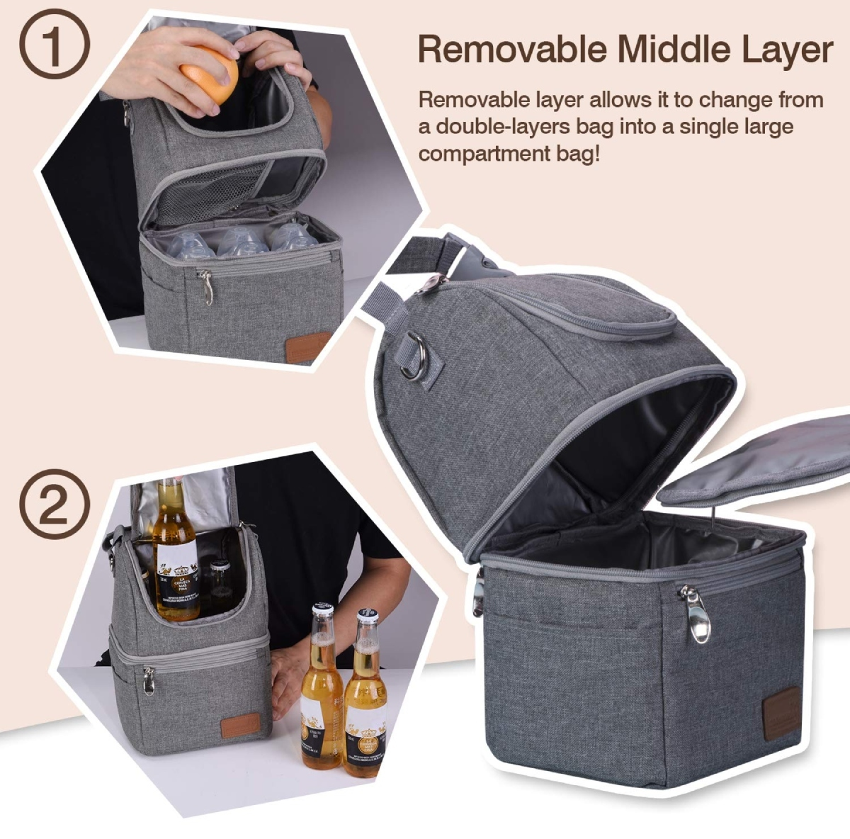 Eine graue isolierte Tasche wird gezeigt. Sie kann von einer zweischichtigen Tasche in ein einzelnes Fach umgewandelt werden. Getränke und Früchte sind in der Tasche.