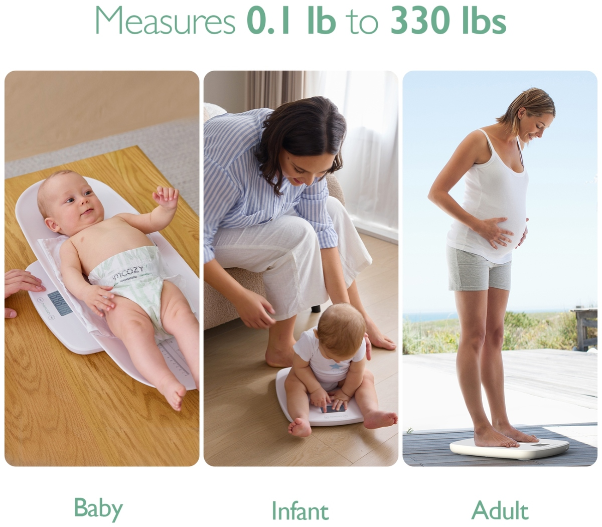 Das Bild zeigt ein Baby, ein Kleinkind und einen Erwachsenen auf Waagen. Das Baby liegt auf der Waage, das Kleinkind sitzt, der Erwachsene steht.