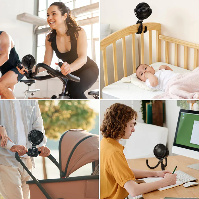 Das Bild zeigt eine Frau, die auf einem Heimtrainer trainiert, ein Baby im Kinderbett, einen Kinderwagen mit Ventilator und eine Person, die arbeitet.