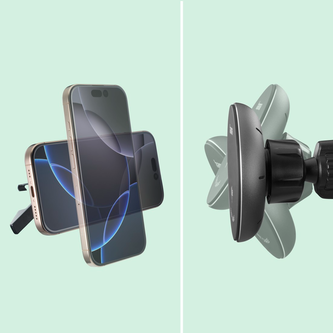 Két iPhone egy autós tartóban. Az egyik elöl, a másik hátul. Mágneses tartó jobbra.