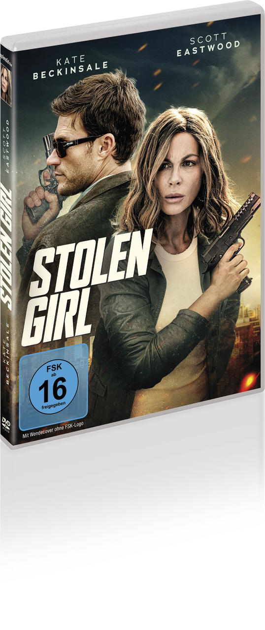 DVD-Cover von 'Stolen Girl'. Eine Frau hält eine Waffe, ein Mann hinter ihr ebenfalls. Titel auf dem Cover. Altersfreigabe 16+.