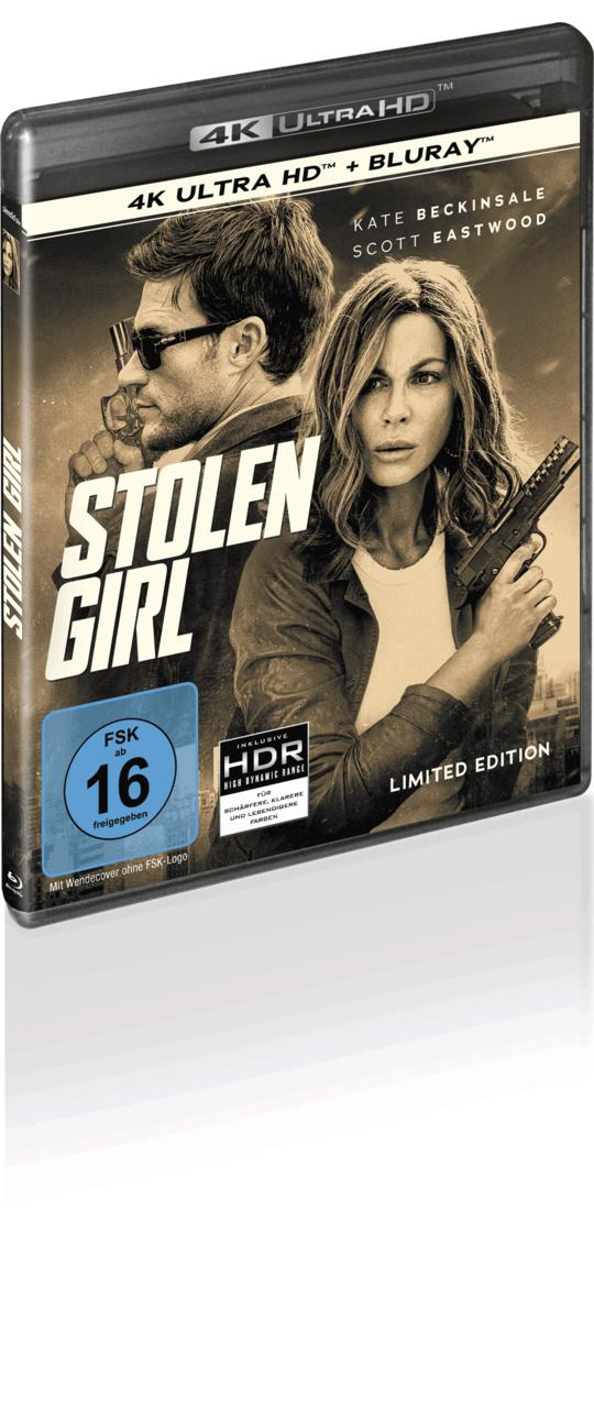 Filmcover für 'Stolen Girl'. Zeigt Kate Beckinsale mit einer Waffe, Scott Eastwood und 4K Ultra HD-Branding. Limited Edition.