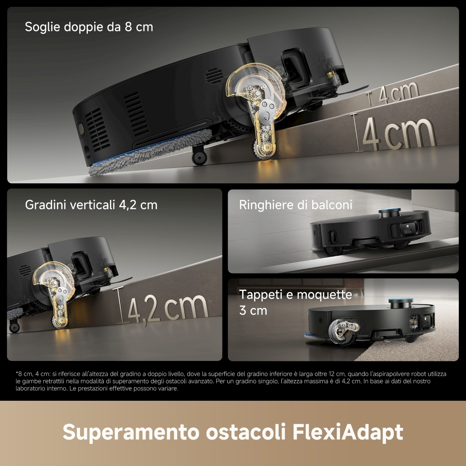 Un aspirapolvere robot nero su una rampa. Il testo indica le capacità di superamento degli ostacoli, inclusi soglie, gradini e tappeti.