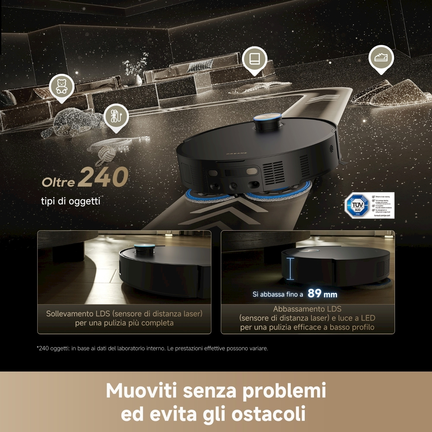 Un robot aspirapolvere su un pavimento lucido. Contiene testo in italiano e icone che indicano le capacità di evitare gli oggetti.