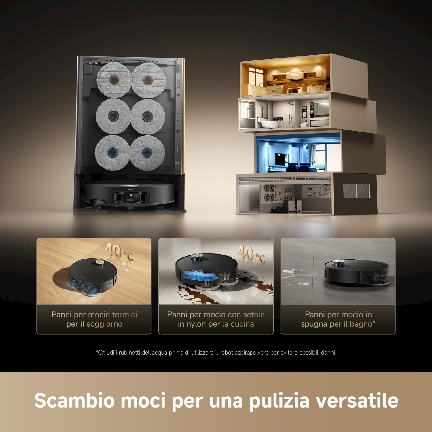 Un'immagine mostra un robot aspirapolvere con diversi panni per la pulizia e sezioni della casa. Il testo promuove opzioni di pulizia versatili.