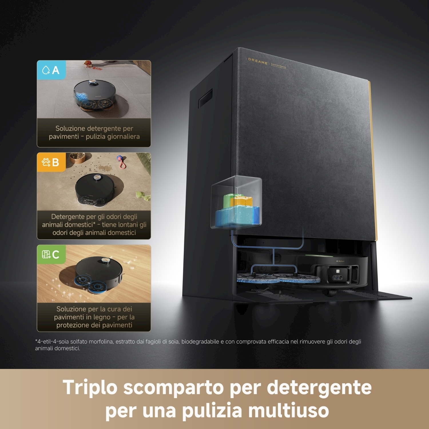 L'immagine mostra un aspirapolvere robot nero con un triplo scomparto per detergente per una pulizia multiuso, evidenziando diverse soluzioni di pulizia.