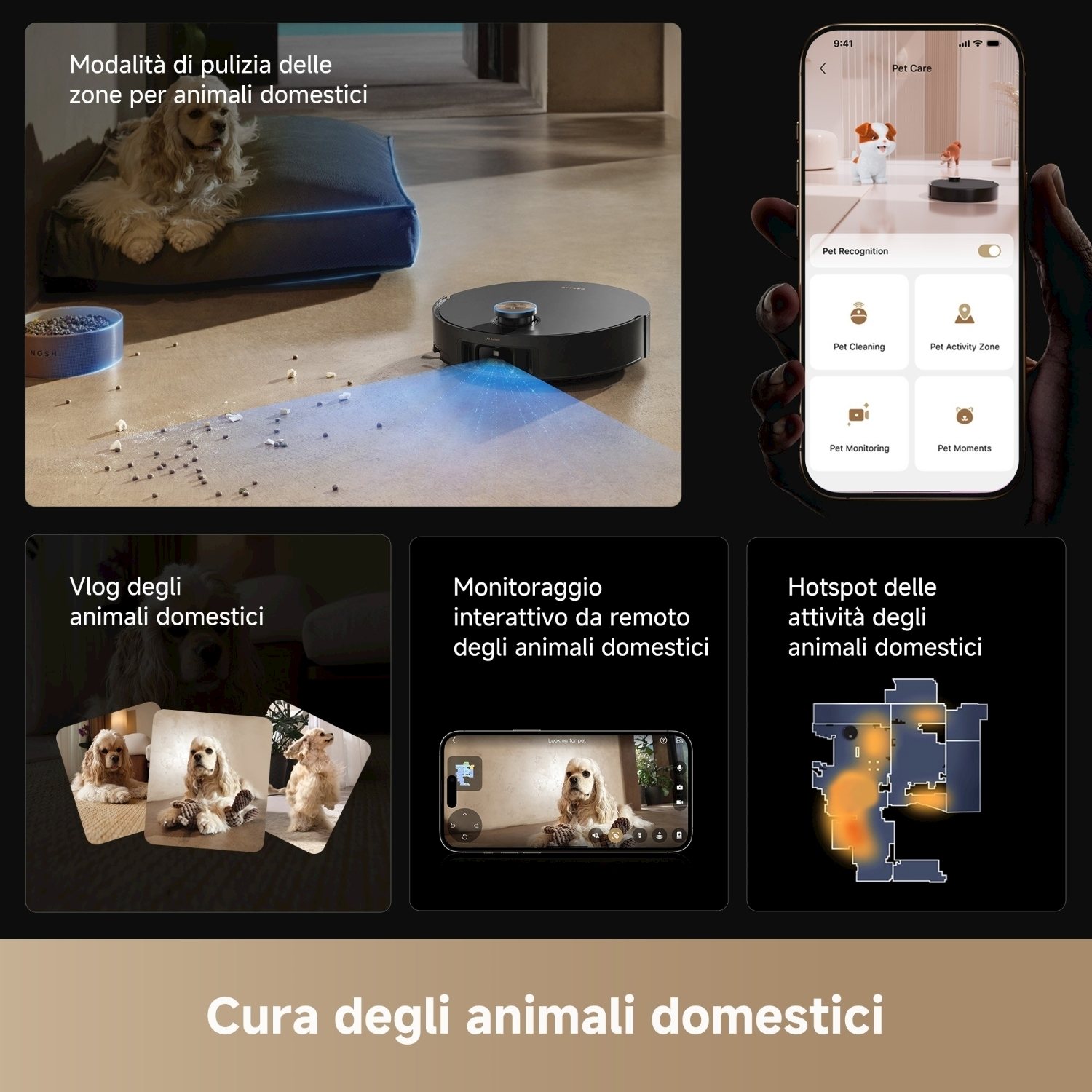 Un annuncio mostra un cane, un aspirapolvere robot e un'interfaccia per smartphone per la cura degli animali domestici. L'immagine mostra anche il monitoraggio dell'attività degli animali domestici.