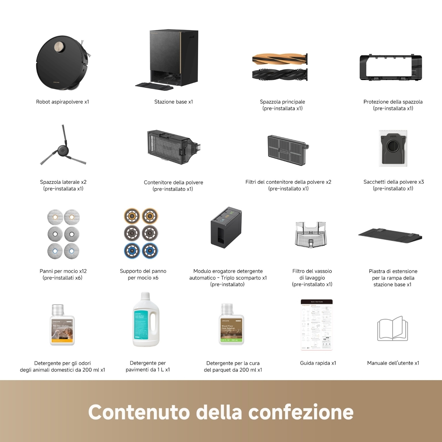 L'immagine mostra i componenti del robot di pulizia: aspirapolvere, stazione base, spazzole, filtri, soluzioni detergenti, panni per mocio e manuale utente.