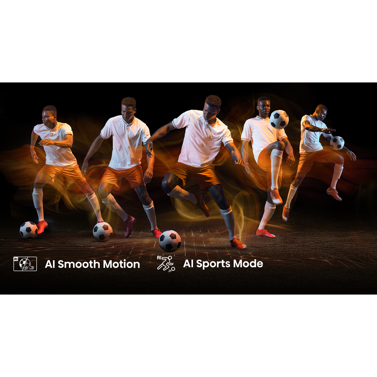 Een composietbeeld van een voetballer in beweging. Hij draagt een wit shirt, een oranje short en schopt de bal. AI Smooth Motion en AI Sports Mode zijn gelabeld.