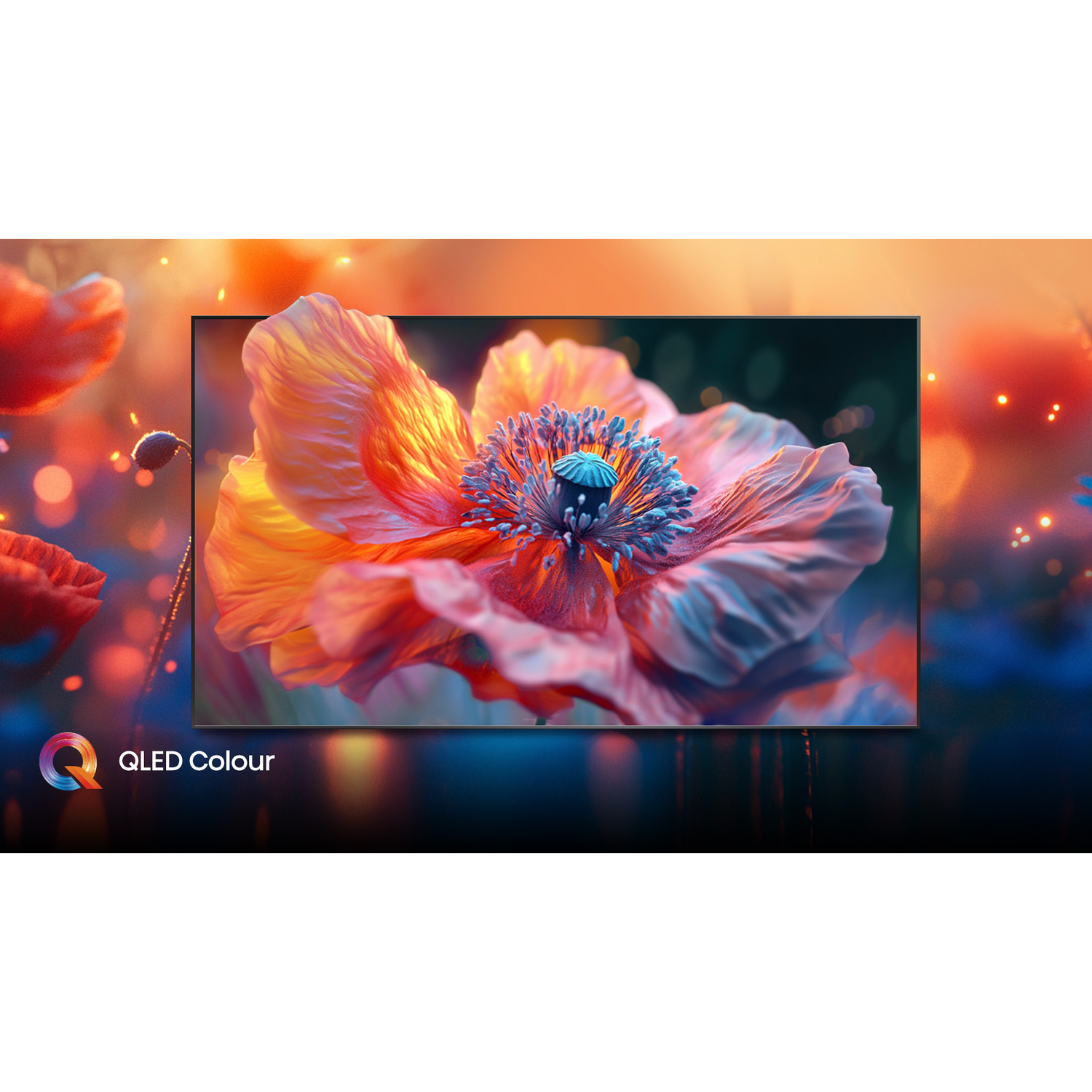 Een scherm toont een levendige klaproosbloem. De bloem heeft oranje en roze bloemblaadjes met een blauw centrum. De achtergrond is wazig.