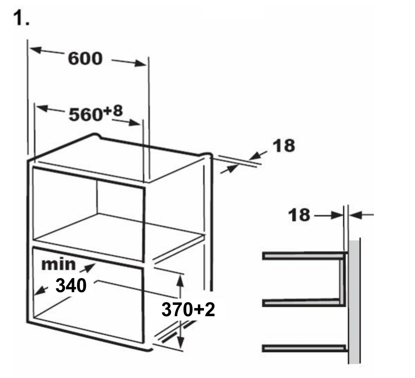 A szekrény méreteit ábrázoló diagram: 600 mm magas, 560+8 mm széles, 340 mm minimális mélység, 370+2 mm alap, oldalsó nézettel.
