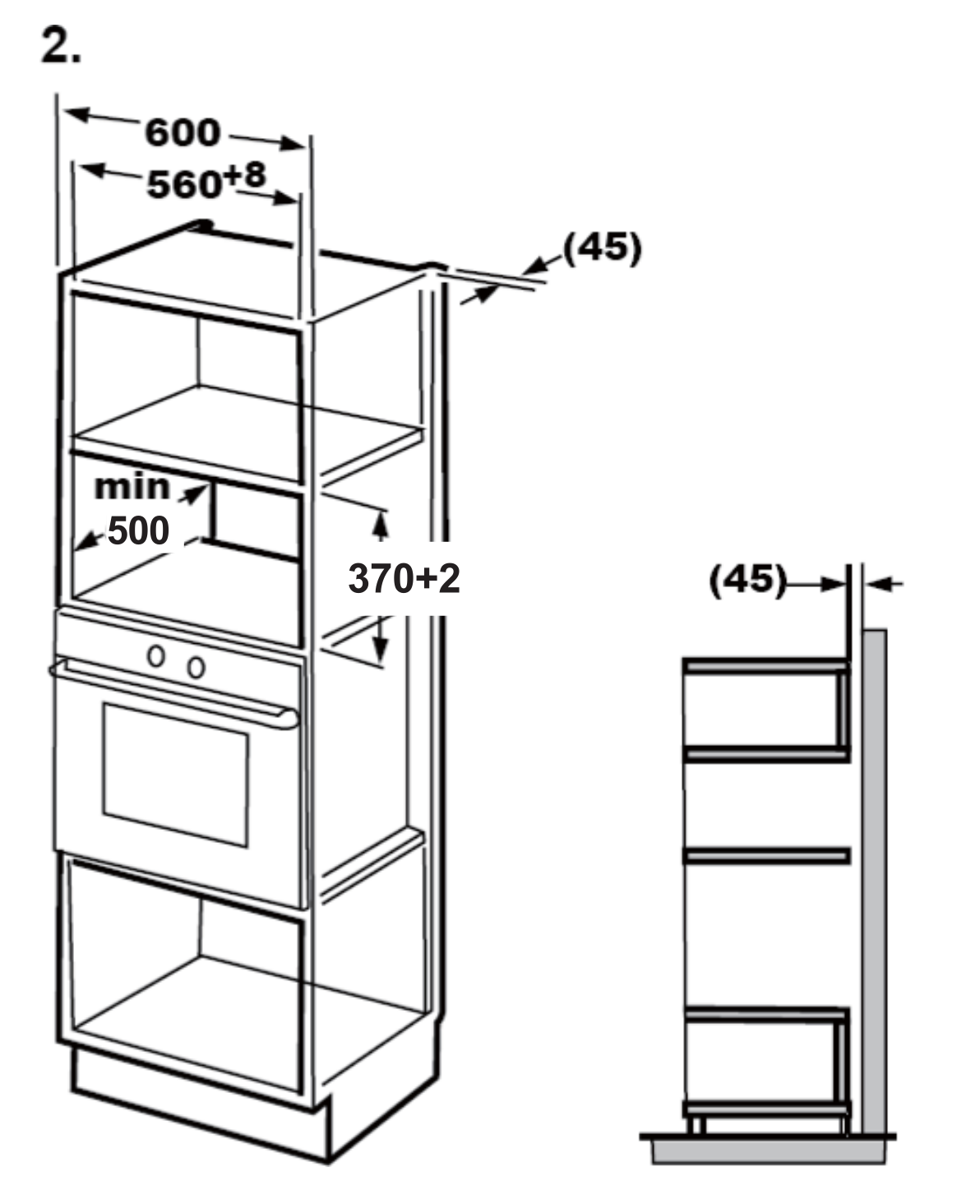 Beépített sütő és tárolóegység diagramja, méretekkel milliméterben. Tartalmazza a sütőt, polcokat és szekrény méreteit.