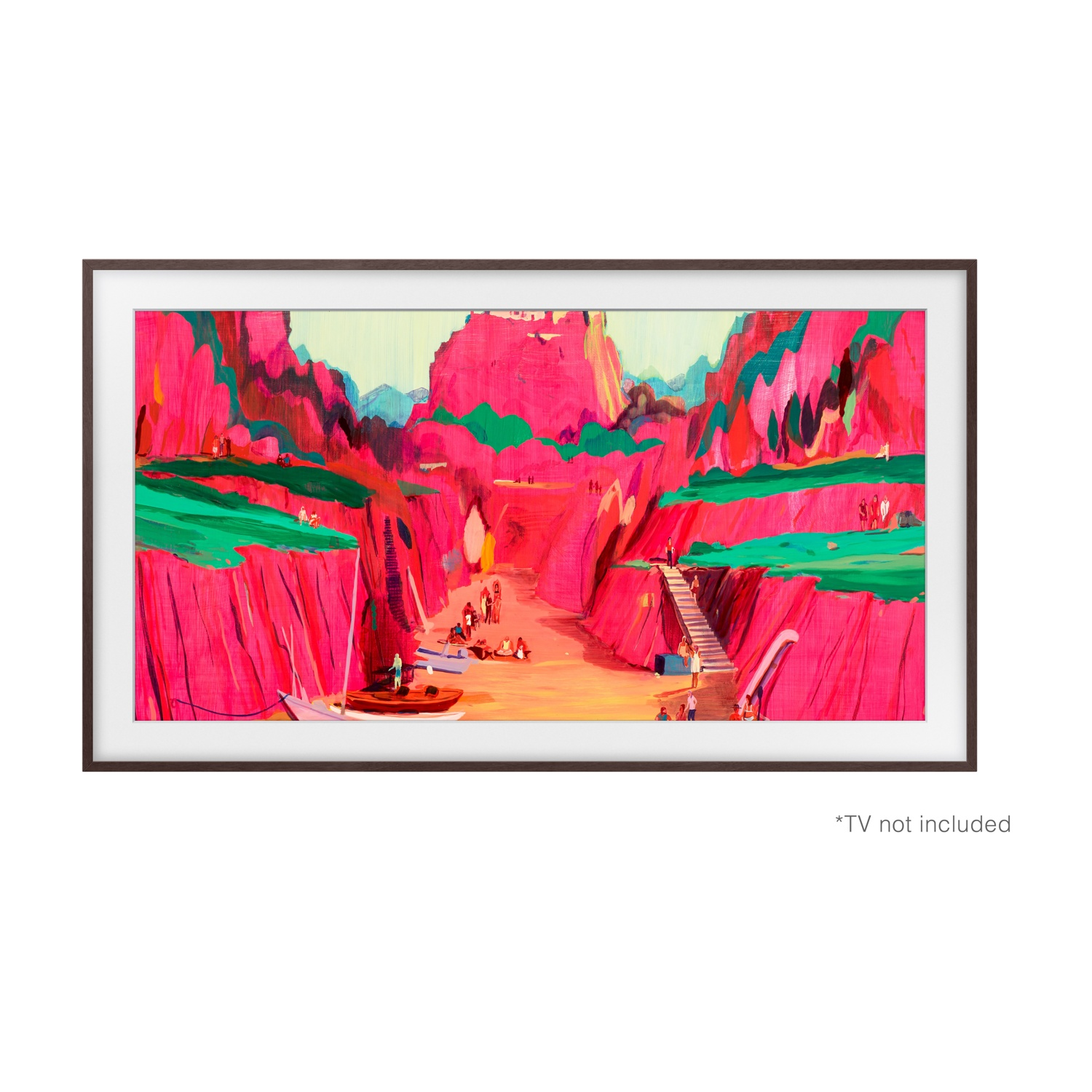 Dipinto di un canyon con scogliere rosa, vegetazione verde e persone vicino a barche. Una scala in legno conduce in alto.