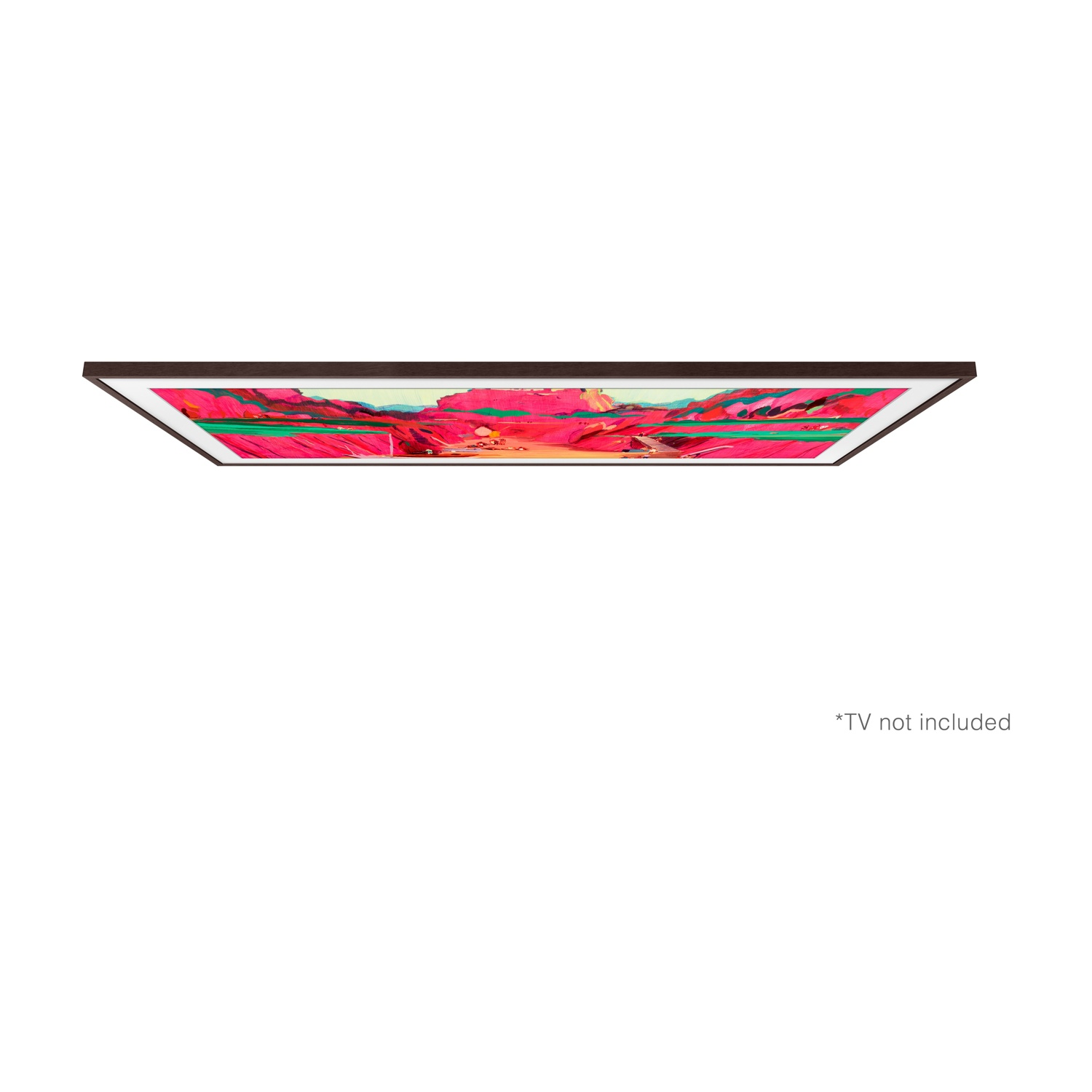 Un display con cornice marrone mostra arte astratta colorata. Il display è leggermente angolato, con sfondo bianco. Testo: *TV non incluso.