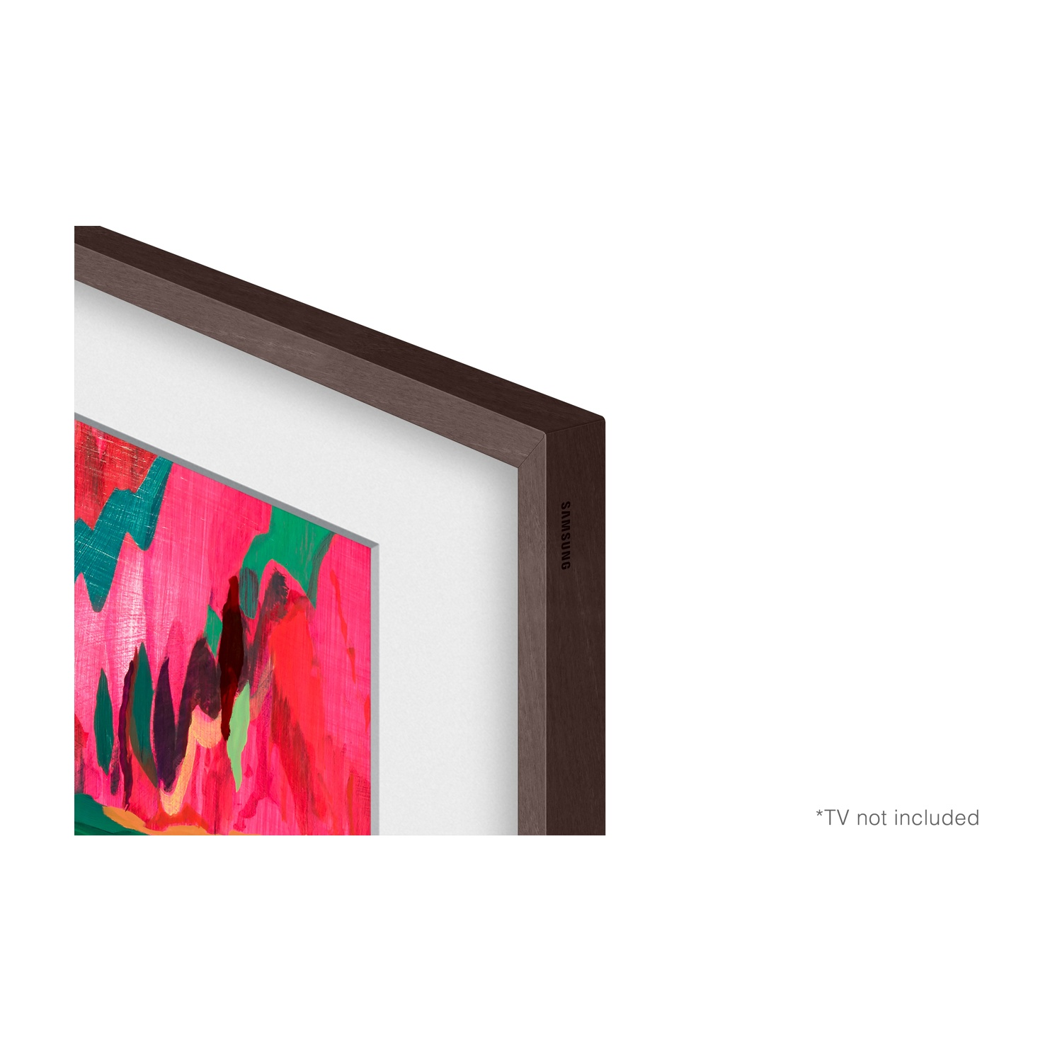 Un'opera d'arte incorniciata con pennellate astratte rosa, rosse e verdi. La cornice è marrone e lo sfondo è bianco.