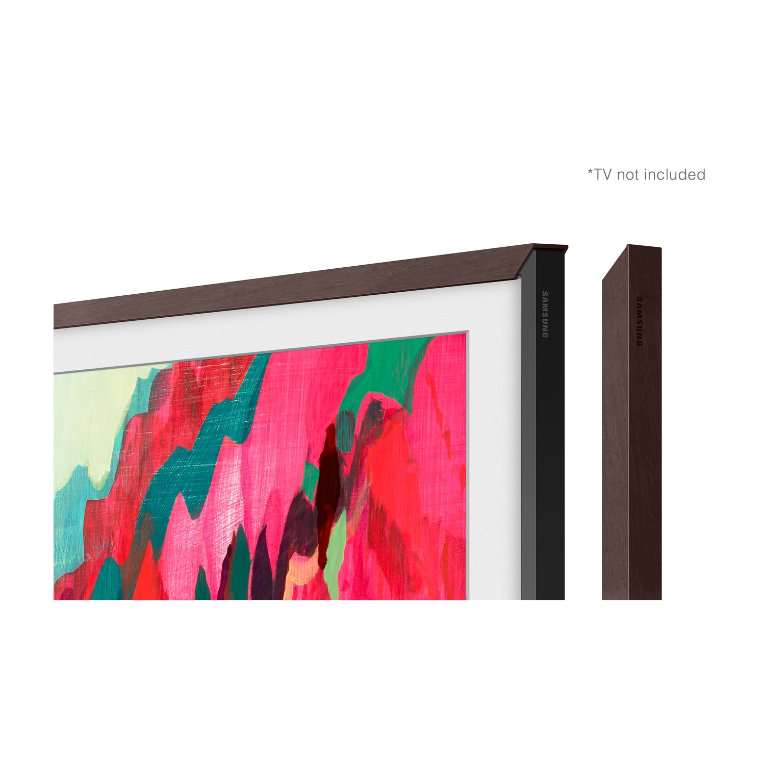 Cornice TV con dipinto astratto colorato. A destra, una cornice marrone scuro staccata. Il logo Samsung è visibile.